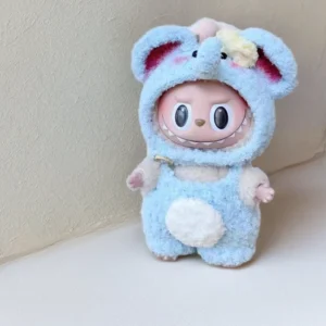 Labubu Elephant Outfit Set - Pink Hoodie & Blue Overalls (17cm)