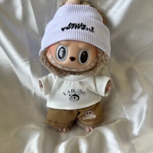 Labubu L.V. Inspired Casual Streetwear Set - White Beanie And Khaki Shorts