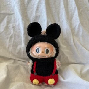 Labubu Classic Cartoon Outfit Set - Black Hoodie & Red Overalls (17cm)