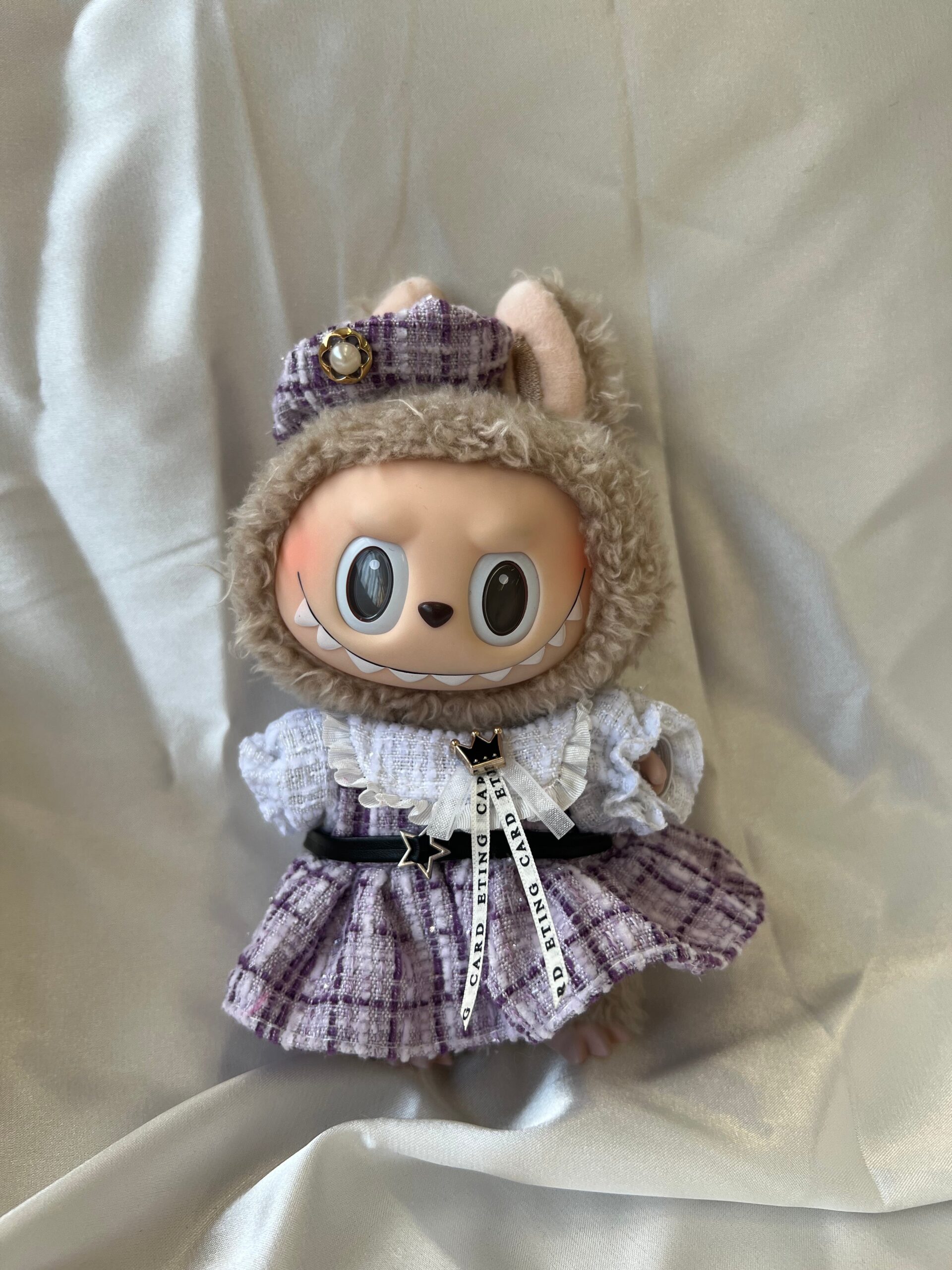 Labubu Luxury Tweed Costume Set - Lavender Plaid With Matching Hat 1 Labubu Luxury Tweed Costume Set - Lavender Plaid With Matching Hat