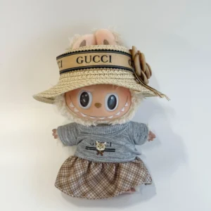 Labubu GG Inspired Straw Hat & Sweater Set With Plaid Skirt