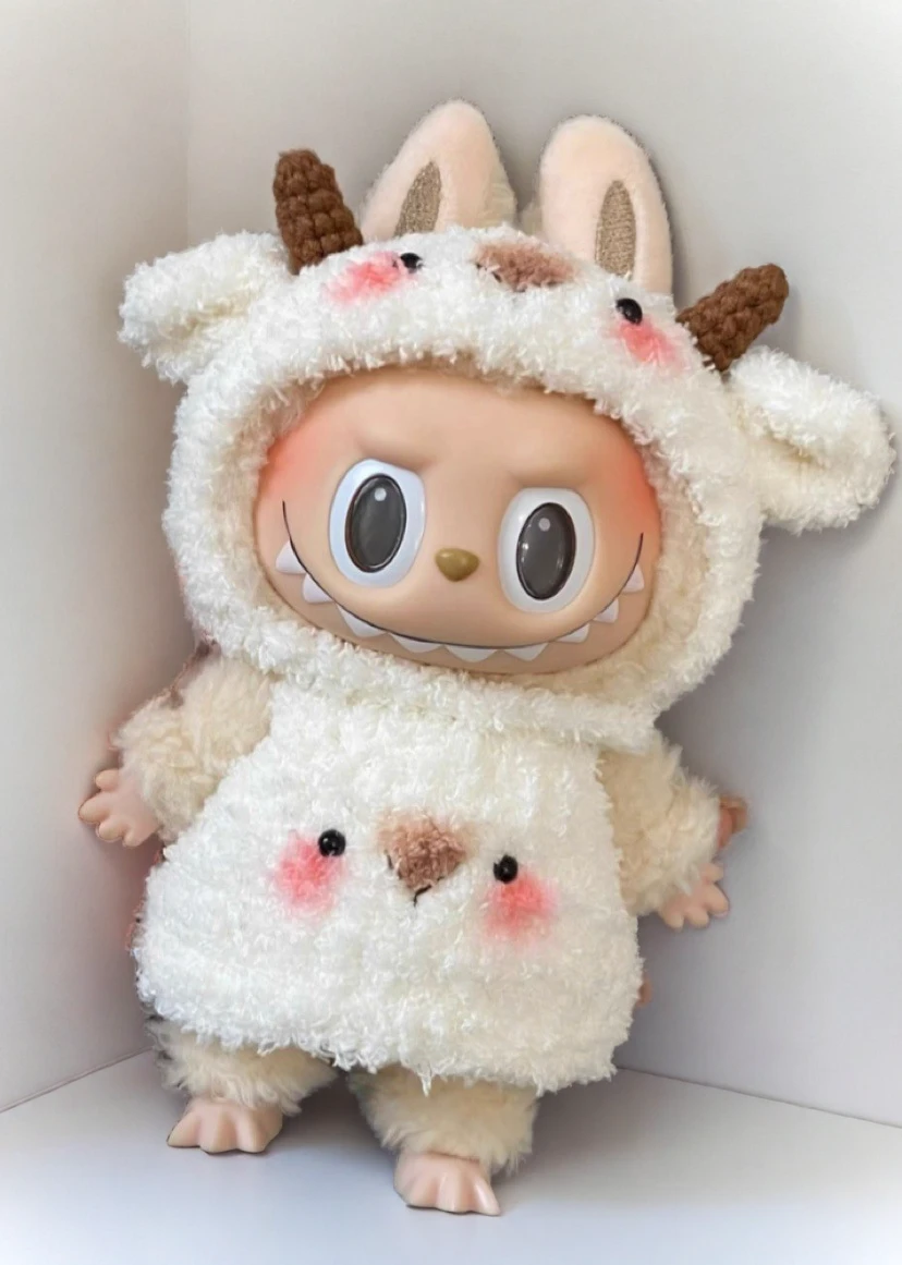 Labubu Fluffy Goat Costume Set - Cream White Onesie With Horns (17cm) 1 Labubu Fluffy Goat Costume Set - Cream White Onesie With Horns (17cm)