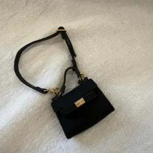 Labubu Miniature Luxury Handbag - Black Leather Tote With Gold Lock
